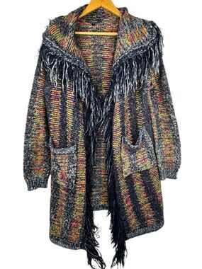 Minkas 2 Pocket Open Colourful Knit Fringe Collar & Hemline Cardigan Sweater S